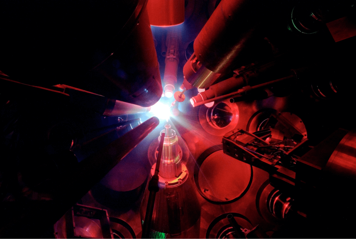 Lasers firing a target Laboratory for Laser Energenics laser array.